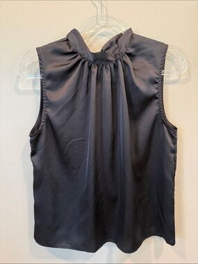 Sleeveless Mock Neck Black Satin Shell Top